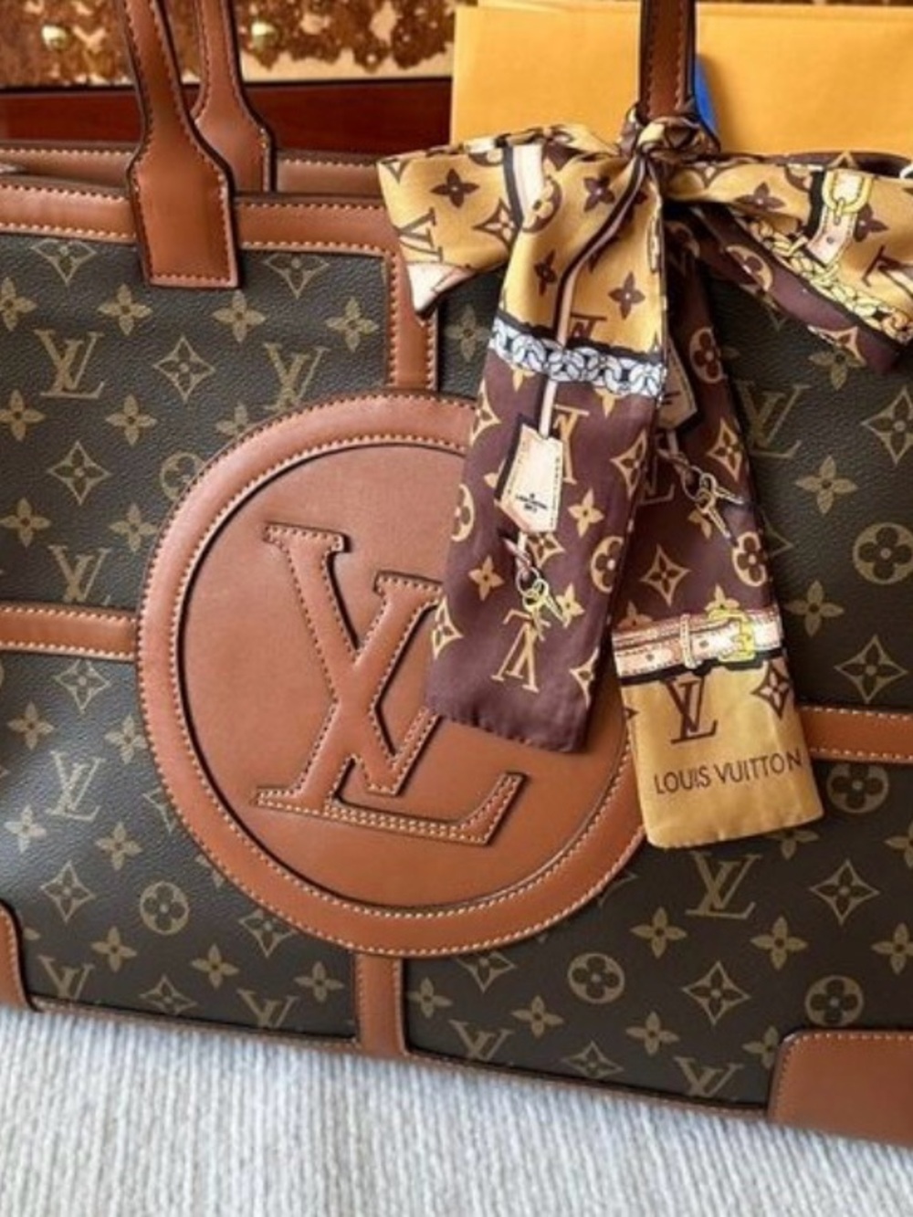 Louis Vuitton Monogram Canvas Tote with Tan Leather Accents and Gold-Brown Scarf